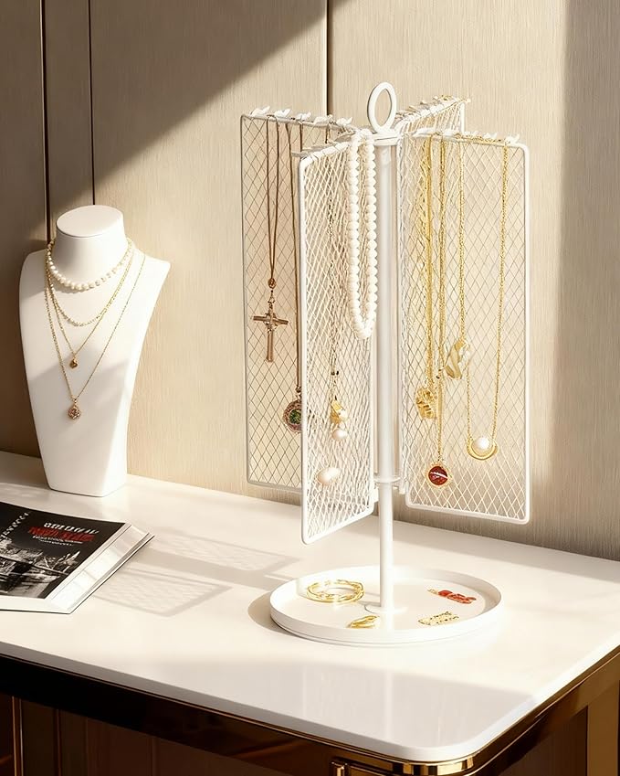 Rotating Necklace Holder Organizer, Necklace Storage Jewelry Stand, Metal Jewelry Stand with 40 Hooks for Necklace Earring Ring Bracelet Display Stand, Women Gifts - White