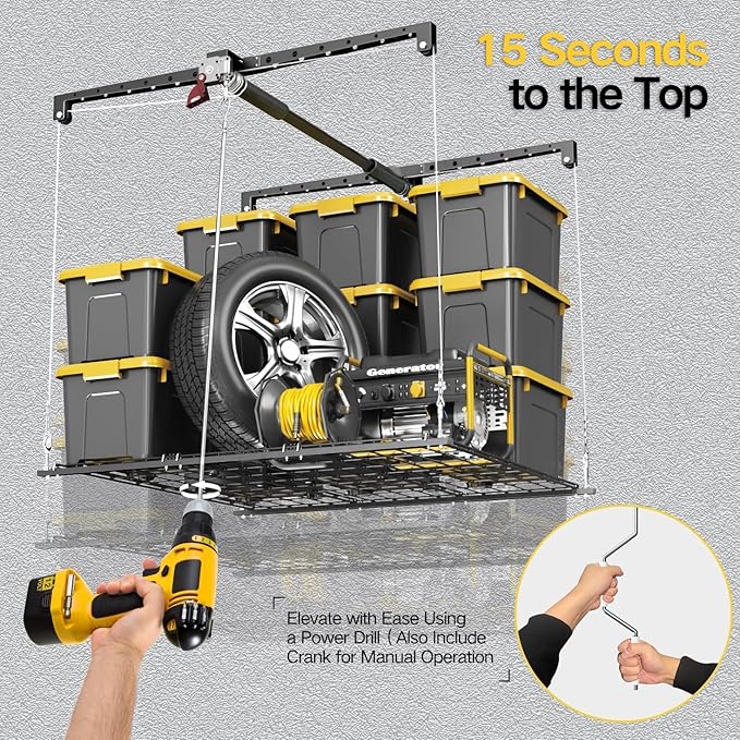 Overhead Garage Storage Rack for 8-10ft Ceiling, Heavy-duty 4x4 FT Garage Ceiling Storage Racks with Safety Lock, Ideal for Storage Mounted Lift System and Storage Organizer, 250lbs Capacity