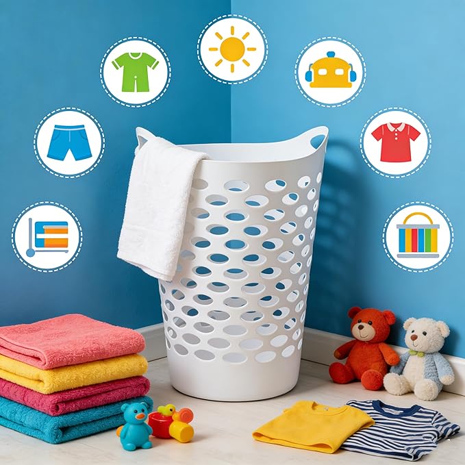 2.2 BUSHEL Flexible Laundry Basket,Tall plastic hamper for Clothes, Bedroom, and Storage - Portable Round Bin with Carry Handles 17.75" x 17.25" x 26", White,Black,3 pack (White)