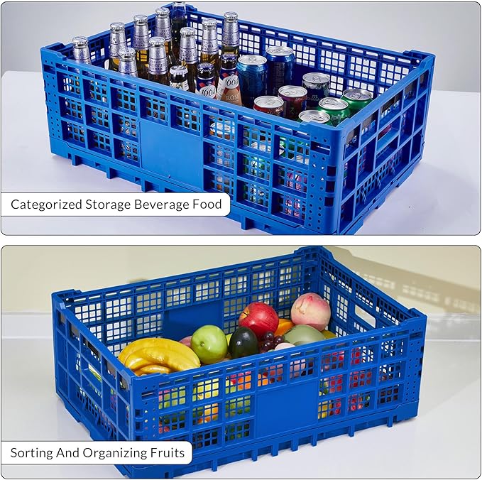 Collapsible Storage Crates, 52 Liter Heavy Duty Foldable Plastic Crates , Storage Baskets and Bins 23.6" L x 15.7" W x 8.6" H Stackable Dairy Milk Crates for Office, Home, Toy Storage