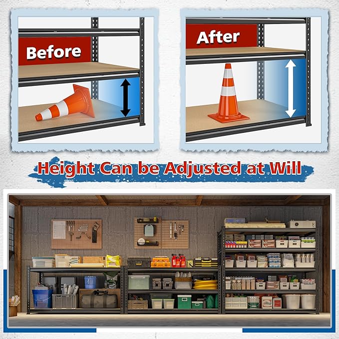 55" W Storage Shelves, 2550LBS Garage Shelving, 5-Tier Metal Shelving Unit, Adjustable Heavy Duty Shelving for Garage, Warehouse, Pantry, Kitchen, 55" W × 24" D × 72" H, Black