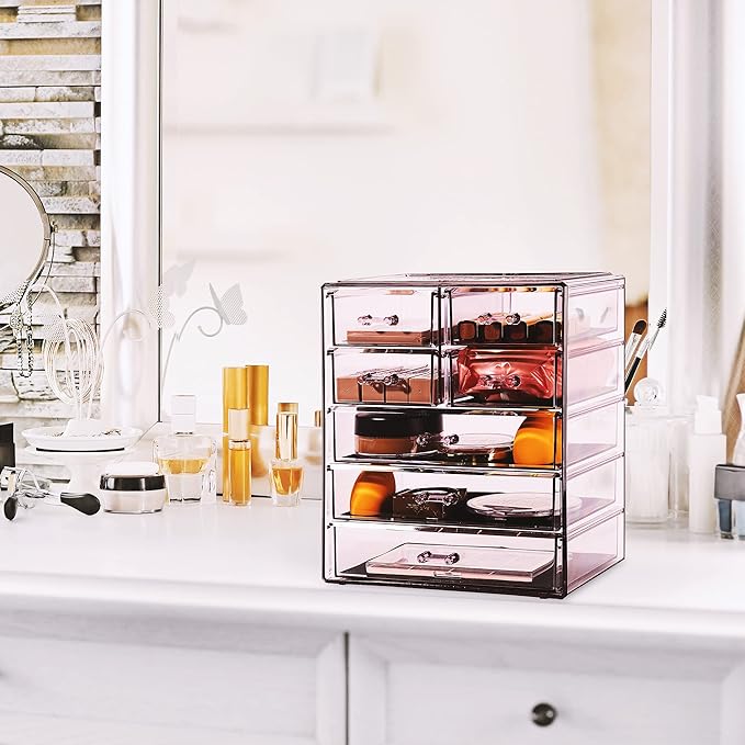Sorbus Acrylic Makeup Organizer - Organization and Storage Case for Cosmetics Make Up & Jewelry - Big Clear Makeup Organizer for Vanity, Bathroom, College Dorm, Closet, Desk (3 Large, 4 Small Drawers)
