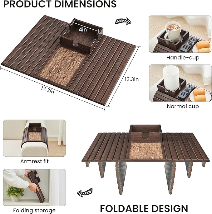 Bamboo Sofa Arm Tray Table, Foldable Couch Cup Holder, Anti-Slip Wide Couch Arm Tray Aremrest Table for Drink, Cup, Remote, Snacks, Cellphone, Portable, Brown