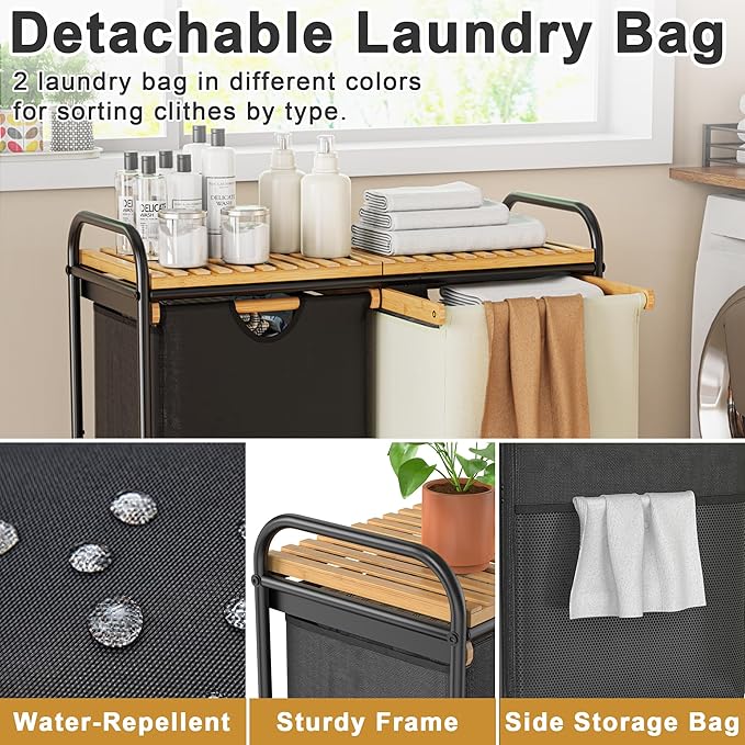 Laundry Sorter 2 Section, Laundry Hampers with Removable Shelf and Pull-Out Bags, Rolling Cart Clothes Hampers Basket with Wheels for Laundry Room Bathroom, 2 x 46 L