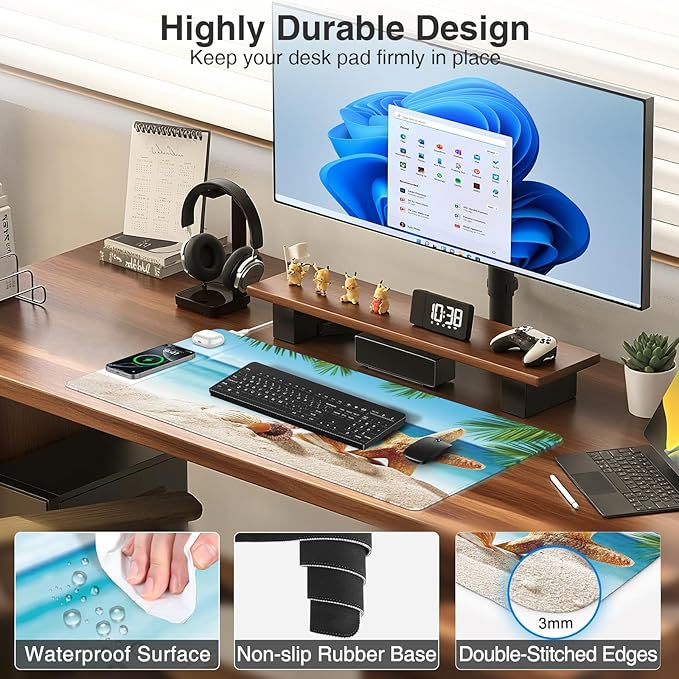 Wireless Charging Mouse Pad, 31.5"x15.8" Large Gaming Desk Mat for Keyboard/Laptop, Waterproof Ultra-Smooth Surface, Non-Slip Base, with 20W PD Adapter, Summer Beach