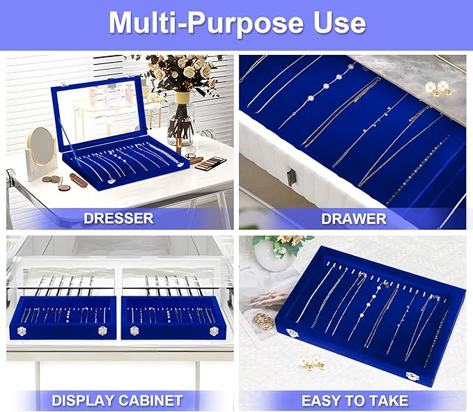 Jenseits Jewelry Display Box For Necklace Organizer, Velvet Necklace Storage Tray For Drawer, 20 Hooks Large Velvet Showcase Holder, Jewelry Organizer With Transparent Lid, Gifts For Her - Blue