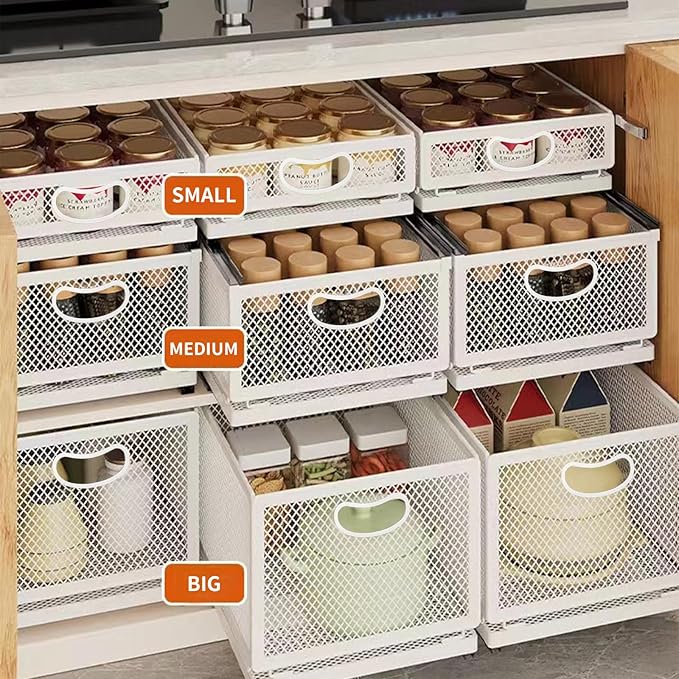 Sliding Cabinet Basket Organizer Drawer Self Adhesive Slide out Pantry Shelves Heavy Duty Carbon Steel Slide Cabinet Storage Basket with Handle for Bathroom Kitchen Home