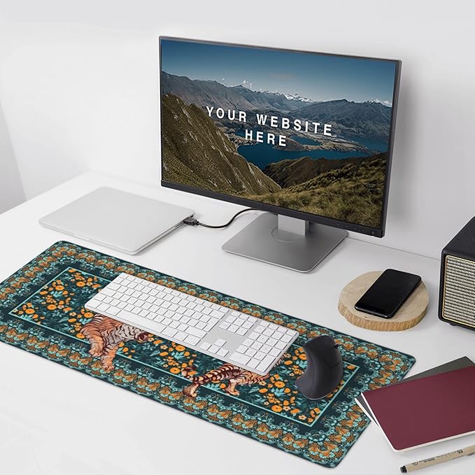 Vintage Floral Tiger Large Mouse Pad, Vintage Aesthetic Gaming Desk Mat, XXL Keyboard Desk Pad Mat for Desktop, 35.4"x15.7" Non-Slip Base Big Mousepad with Stitched Edges