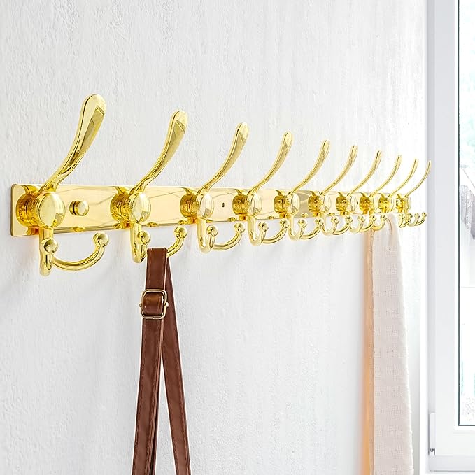 Dseap MaxStrong 2.0 Coat Rack Wall - 37” Long 10 Tri Hooks - Ultra Heavy-Duty Stainless Steel Wall Mount Coat Hanger, Hook Rail for Clothes Hats Jacket Towels Gold