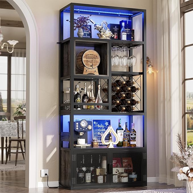 82.6" Tall Bar Cabinet with Power Outlets, 6-Tiers Reversible Wine Cabinet with LED Lights, Glass Holder & Wine Rack, Liquor Storage Cabinet Coffee Bar Unit Station for Dining Living Room, Grey Oak