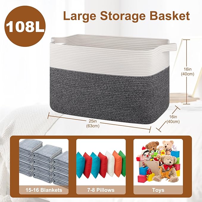 XXXL Supre Large Blanket Basket for Clothes, Towels, Pillows, 108L Cotton Rope Storage Basket for Living Room, Supre Large Woven Toy Storage for Kids, 25" x 16" x 16", Dark Grey and White