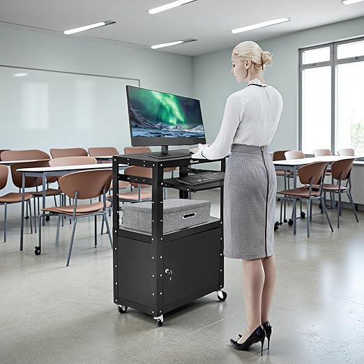 YITAHOME Rolling AV Cart with Wheels & Locking Cabinet, Keyboard Tray & 16.4ft Extra-Long Power Cord, Mobile Presentation Media Cart for Computer Laptop Printer Projector, Black