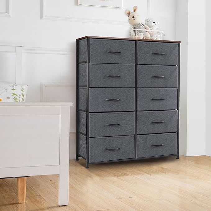 Dresser for Bedroom with 10 Drawers, Chest of Drawers, Storage Drawers Organizer Unit, Grey Wide Fabric Dresser with Fabric Bins for Closet, Living Room, Entryway (Grey and Rustic Brown)