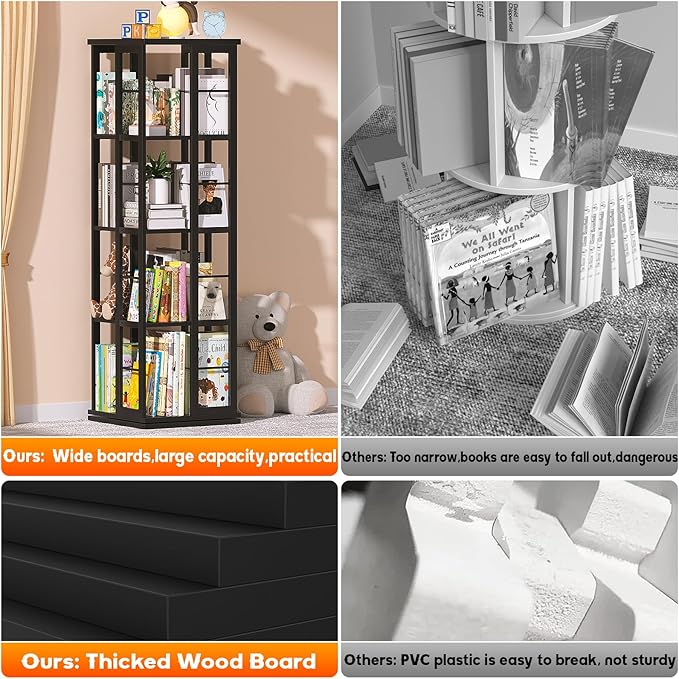 Aheaplus Rotating Bookshelf, Corner Bookshelf, 360 Display Wood Spinning Bookshelfs, Floor Standing Bookcase Narrow Shelf Revolving Organizer Storage Rack for Small Space, Bedroom, Study Room, Black