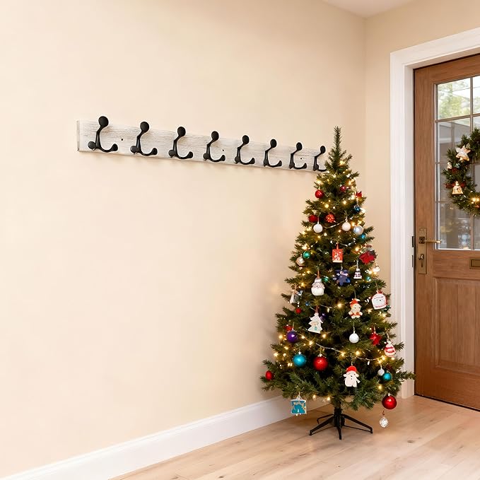 SKOLOO 43-Inch Wood Coat Rack Wall Mount with 8 Triple Hooks - Ideal for Family Entrances, Classrooms, and Pet Supplies Storage - Perfect Coat Hooks for Wall,Distressed White Wash