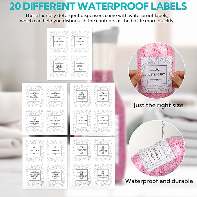 4 Pack Laundry Bottles 53oz Plastic Liquid Detergent Dispenser with 20 Label Laundry Room Organization for Liquid Powder Bleach Scent Booster Beads Soap Fabric Softener