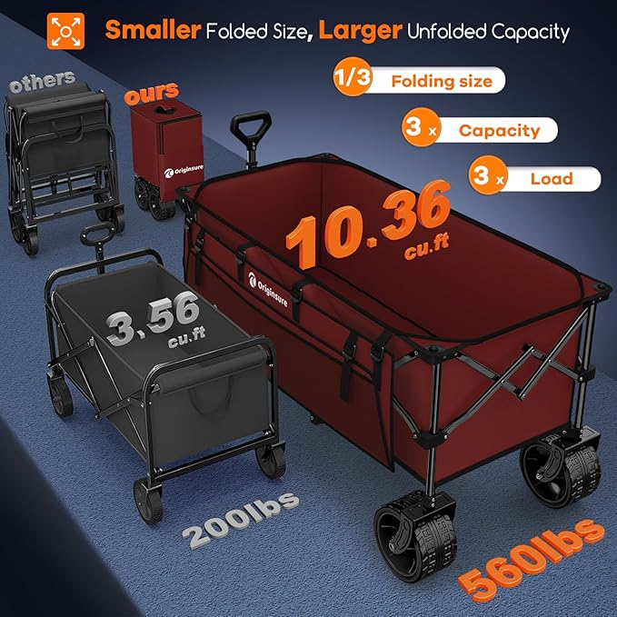 48" L Collapsible Beach Wagon Cart Foldable, 560lbs Weight Capacity 300L Heavy Duty Folding Wagons with Big All-Terrain Wheels, Utility Carts for Groceries, Shopping, Camping, Sports - Red