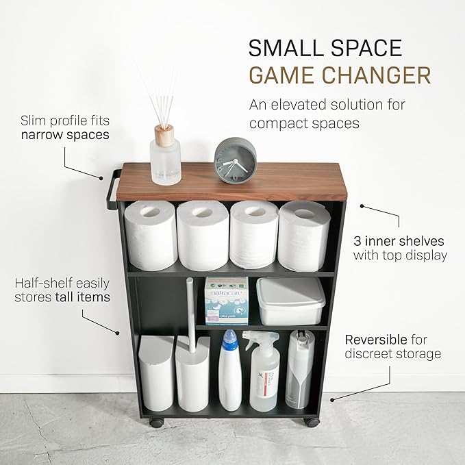 YAMAZAKI Home Slim Rolling Storage Cart – Narrow Bathroom Storage Cabinet with Handle, Slim Bathroom Storage Cart with Wheels, Easy Assembly, Steel + Wood, Black