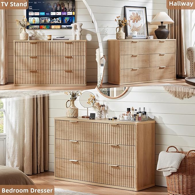 LEYAOYAO Fluted 6 Drawers Dresser, 48" Wide Modern Chest of Drawers with Woodgrain Top, Curved Profile Design, Dresser TV Stand, Wood Drawer Organizer for Bedroom, Living Room, Hallway,Wood