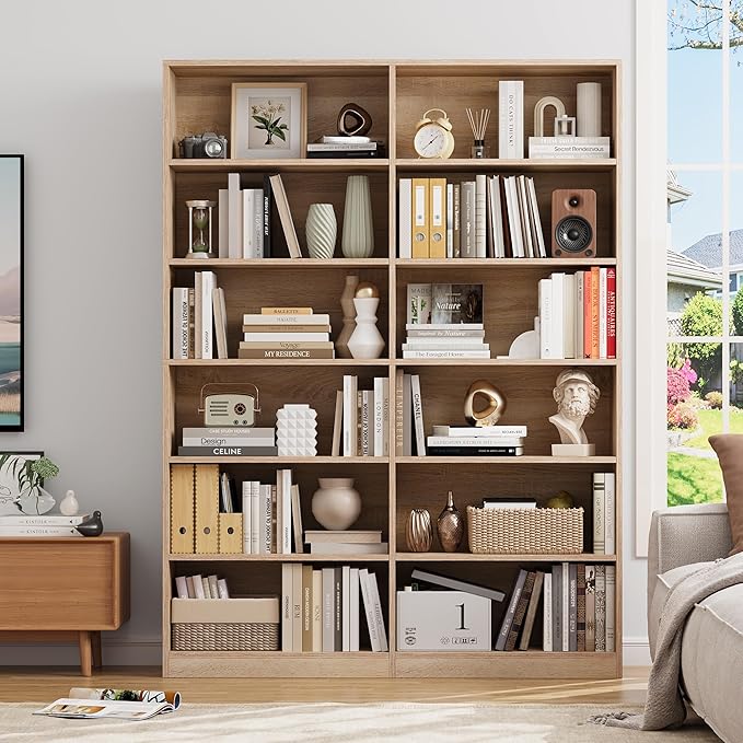 FACBOTALL Bookshelf and Bookcase, 6-Tier Double Wide Bookshelves,Freestanding Display Storage Shelves, Tall Bookcases for Home Decor Bedroom, Living Room, Home Office, Light Oak