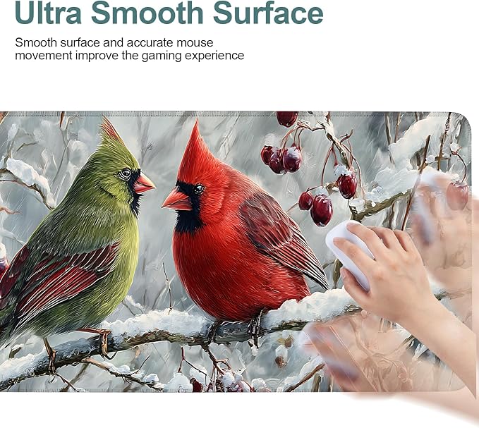 Winter Cardinal Bird Gaming Mouse Pad 31.5"x11.8"Desk Mat Anti-Slip Rubber Base & Durable Stitched Edges for Gamers Smooth Mouse Writing Surface for Desk Office/Home
