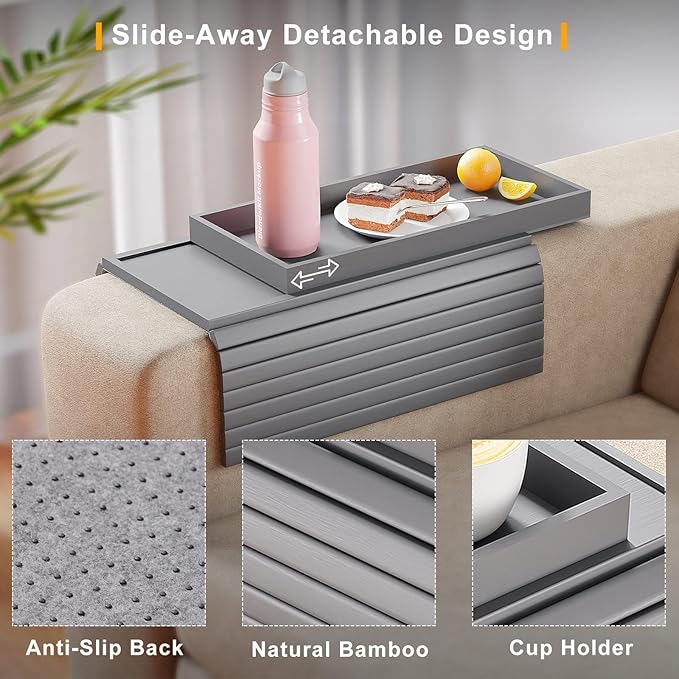 Sofa Armrest Tray Table for Couch - 2-in-1 Foldable Couch Arm Table with Be Slide Detachable Tray - Anti-Slip Sofa Armchair Caddy for Drinks Cup Cellphone TV Remote Snacks (Gray)