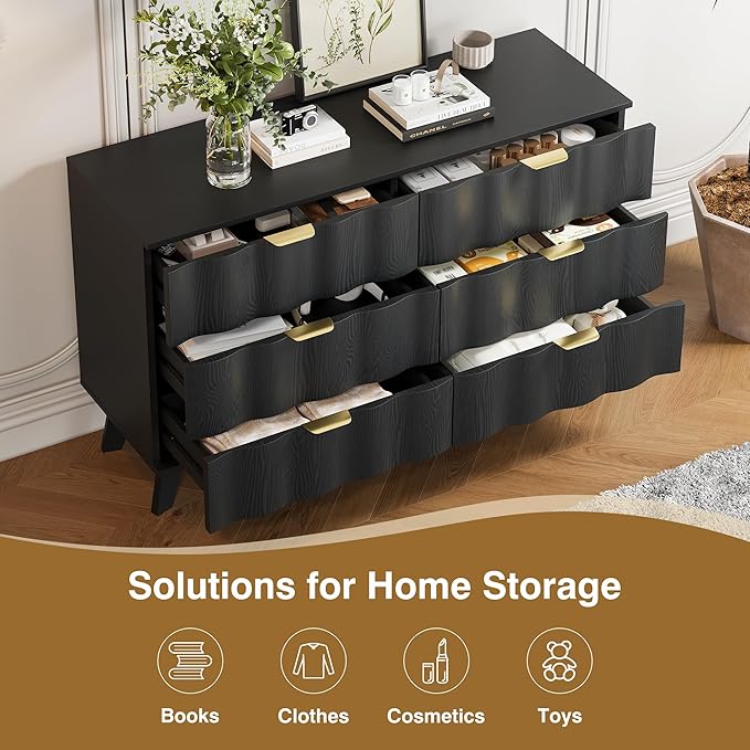 6 Drawer Dresser, Modern Fluted Storage Dresser with Deep Drawers and Metal Handles, Wood Chest of Drawers Storage Organizer for Bedroom, Living Room, Hallway (Black)