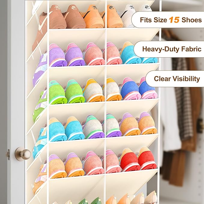 30 Pairs Over the Door Shoe Organizer, Clear Pockets Hanging Shoe Storage for Closet, 10-Tier Door Shoes Rack Storage, Handing Shoes Holder Fit All the Family's Sneakers, Boots, Heels, Beige