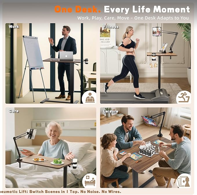 Overbed Bedside Table with Wheels, Adjustable Hospital Bedside Desk, Rolling Laptop Table, Mobile Standing Desk, Laptop with Cup Holder & Phone/Tablet