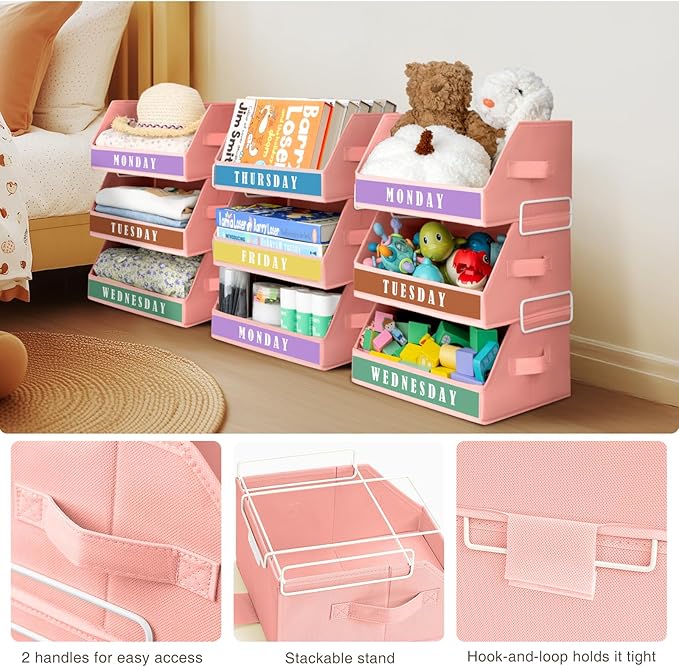 Closet Organizers and Storage - 5 Tier Shelf Organizer with Weekly Labels, Stackable Storage Bins with Metal Frame, Foldable Cube Bins, Home Baskets for Kids and Adults, Pink