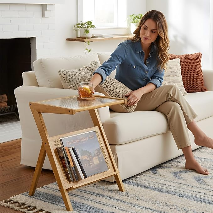 Tiita Rattan Side Table, Mid Century Nightstand, Bamboo Accent Bedside Tables, Glass Coffee Tables, Boho Wooden End Table with Storage for Small Space, Living Room and Bedroom