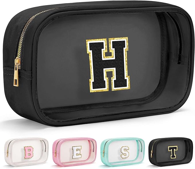 YOOLIFE Travel Toiletry Bag for Women, Black Clear Makeup Bag Cute Make Up Bag Cosmetic Bags Skin Care Makeup Bag Organizer Birthday Gifts for Women Teacher Mother Girlfriend Initial H
