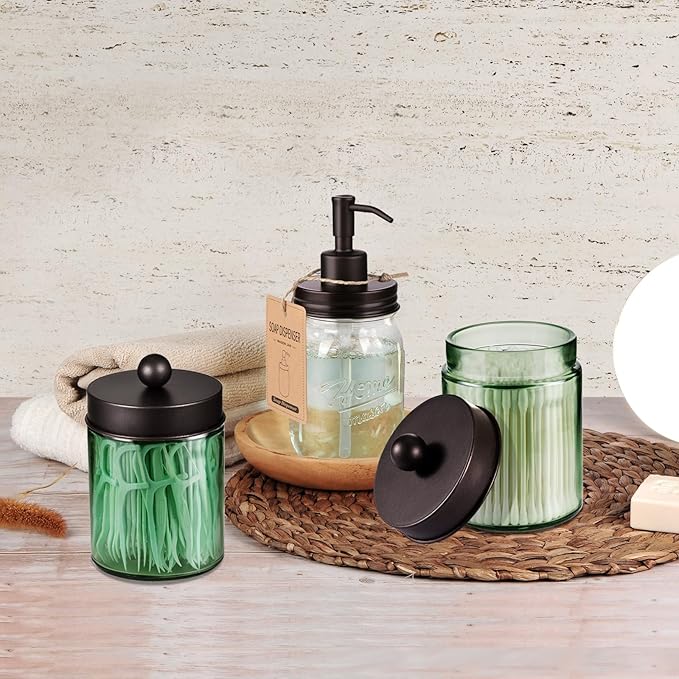 Amolliar Sage Green Apothecary Glass Jar With Metal Lid & Stickers, Bathroom Qtip Holder Storage Canister, Farmhouse Decor for Cotton Balls, Cotton Swabs, Makeup Pads, Bath Salt, Floss, Bronze 1 Pack