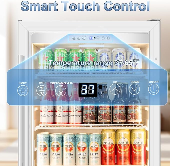 Beverage Refrigerator, 4.9 Cubic Feet Undercounter/Freestanding 24 Inch Beverage Fridge with Glass Door, LED Light, Safety Lock, Touch Control, Low Noise (White)
