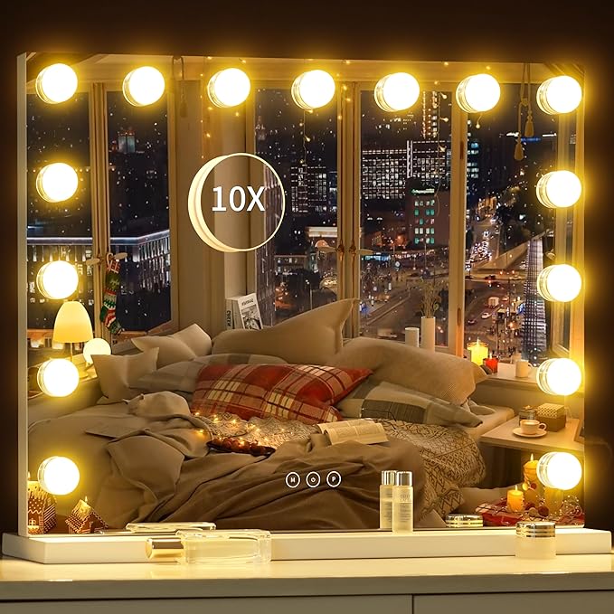 Vanity Mirror with Lights Lighted Makeup Mirror with 15 Dimmable LED Bulbs,3 Color Lighting Modes,USB Charging Port Touch Control,Sturdy Metal Frame Design 24x18 Inch,White