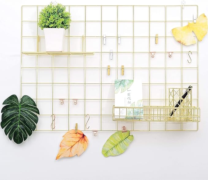 Grid Wire Board,for Memo Picture Panel Wall Decoration for Room Office Mat Photo Hanging Art Display Frames Desk Storage Organizer,17.3" x 11.8"(2Pack) (Gold)