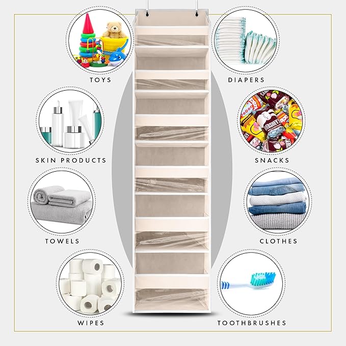 HOMELUX THEORY Over The Door Organizer Hanging - 50lbs Load 6 Large Front & 12 Side Pockets, 2 Pack Over The Door Shoe Organizer, Hanging Closet Organizer For Toys, Diaper - Sewing Organizers (Ivory)