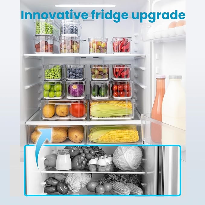 8 Pack Refrigerator Organizers, Clear Pull-out Drawer Container and Organizer Bins with Lids, Stackable Storage Containers for Fruits, Vegetable (Set of 6 (Include Pull-out Drawer))