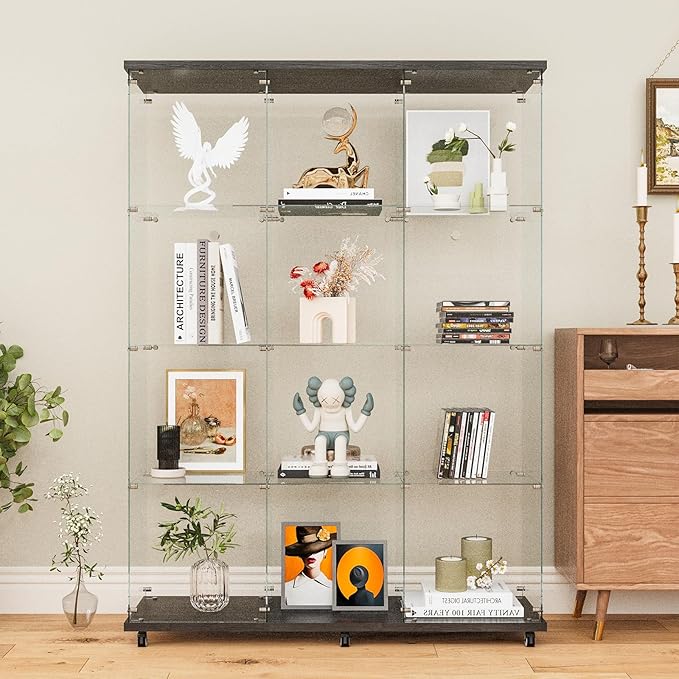 Beauty4U Glass Display Cabinet with 12 Shelves, Extra Large 3 Columns 2 Doors Curio Cabinets for Living Room, Bedroom, Office, Black Floor Standing DIY Glass Bookshelf, Quick Installation