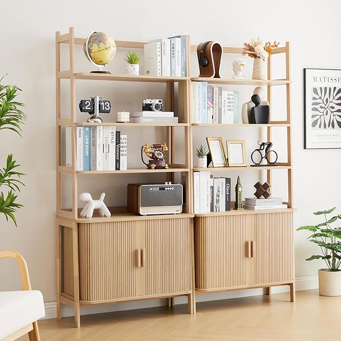 4-Tier Bookshelf, Tall Bookcase with Open Shelf and Sliding Door, 70” Freestanding Storage Organizer Display Cabinet for Living Room, Home Office (Natural)