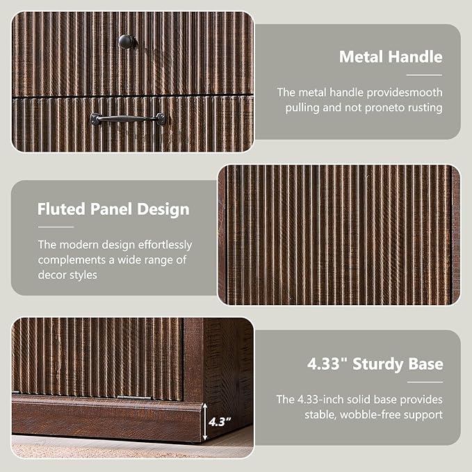 Modern Tilt Out Laundry Hamper Cabinet, 10 Gallon Fluted Trash Can Cabinet with Drawer, Wooden Hidden Garbage Can Cabinets with Laundry Basket, Free Standing for Bathroom and Kitchen, Brown