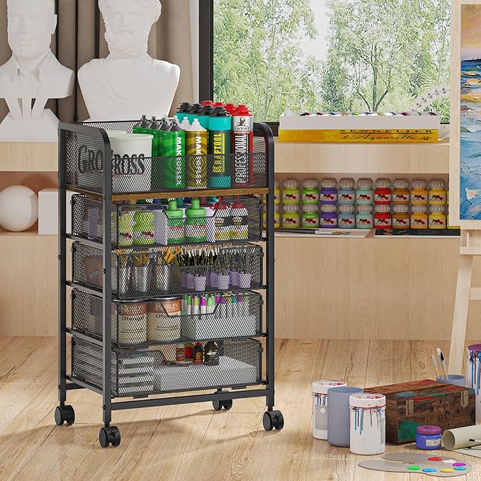 5-Tier Craft Organizer Cart with Wheels-Storage Cart with Drawers,Lockable Wheels Rolling Utility Cart,Makeup Cart with DIY Divider,Office Supply Organizer Storage for Studio,Office,Bedroom,Black