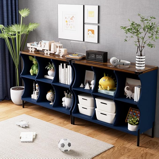 6 Cube Storage Shelf Organizer, Low Book Shelf Bookcase Entryway Table, Wood Closet Storage Display Cabinet TV Stand for Living Room, Office,Bedroom, Dorm, Blue with Natural Top