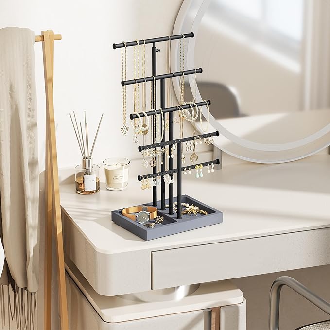Love-KANKEI Jewelry Organizer Stand, 5 Tier Large Necklace Holder with Wood Base, Jewelry holder stand Tree for Display, Bracelets Earrings Rings, Height Adjustable Gift Weathered Grey
