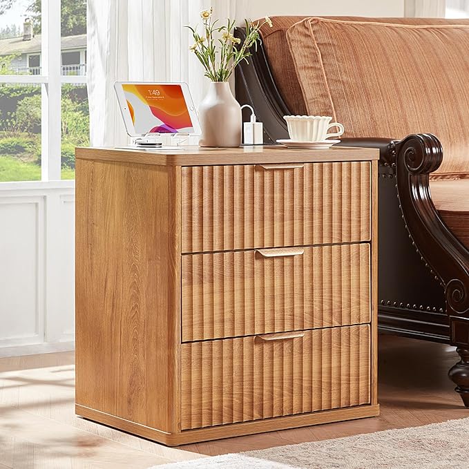 LEYAOYAO Fluted Nightstand with Charging Station, 23" Modern Night Stand with Woodgrain Top, 3 Drawers End Table w/Storage, Bedside Tables for Bedroom, Living Room, Curved Profile Design,Brown
