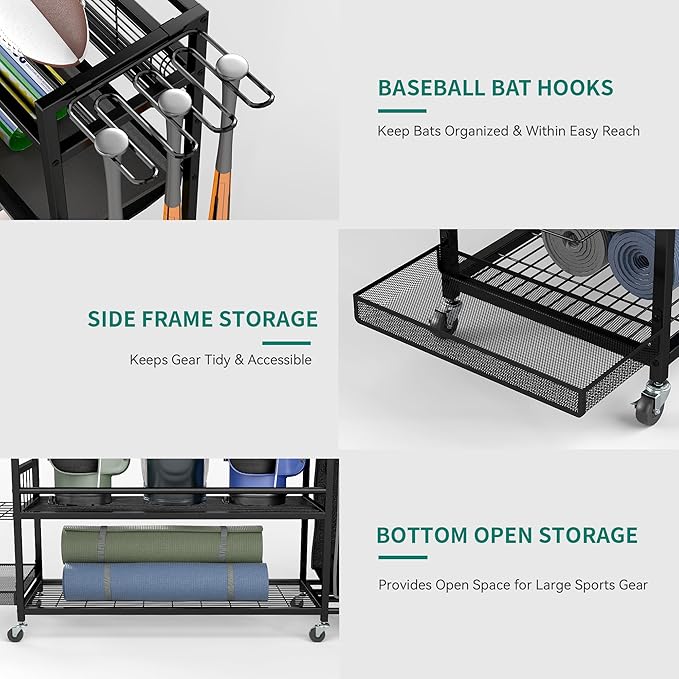 YITAHOME Multi-Functional Sports Organizer for Garage, Golf Gear Storage Rack for 3 Bags and Clubs, Ball Storage Bins with Wheels, Multi-Layer Sports Equipment Rack with Hooks