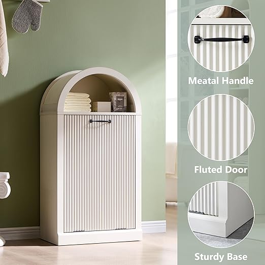 Arched Tilt-Out Trash Can Cabinet, Fluted 10 Gallon Trash Cabinet Set of 2, Modern Laundry Hamper, Hidden Garbage Can with Storage Basket for Kitchen, Living Room, White