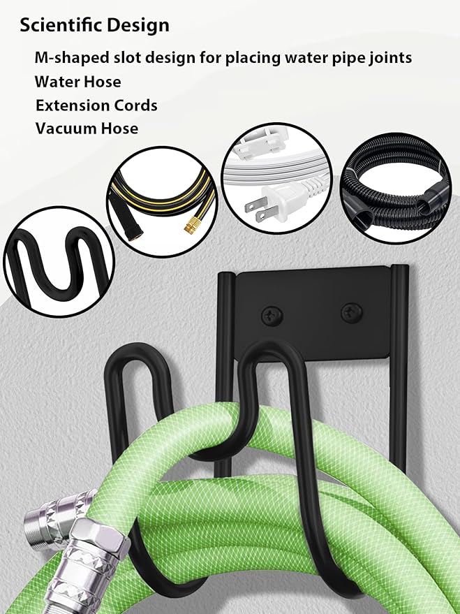 Metal Garden Hose Holder, Wall Mounted Water Hose Hanger, Solid Hose Hook for Garden Garage Water Hose/Extension Cords/Vacuum Lines (Black)