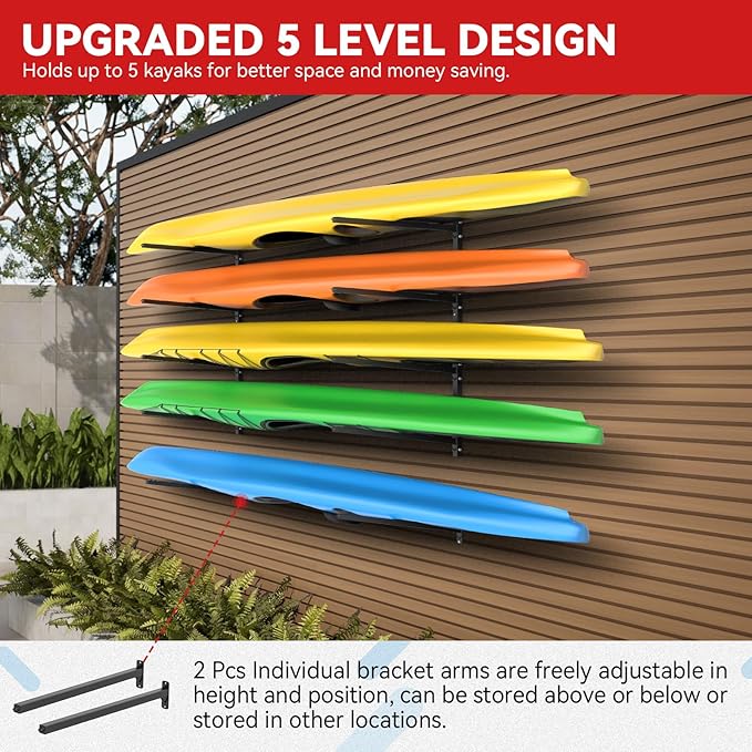 Kayak Storage Rack Wall Mount Adjustable 5 Levels Kayak Rack Wall Hanger Holder for Paddle Boards Surfboard Canoe Kayak Paddle Holder for Garage Indoor Outdoor