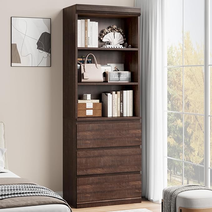 GarveeHome 70" Tall Bookcase with Drawers, Bookshelf w/ 3 Tier Open Shelves & 3 Storage Drawers, Modern Deep Storage Book Shelf Storage Cabinet Organizer for Living Room Office Library (Brown)
